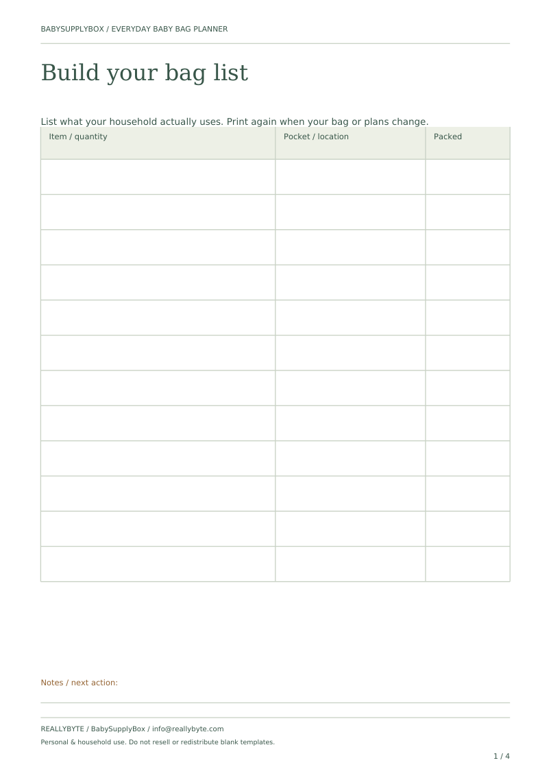 Actual first page of Everyday Baby Bag Planner