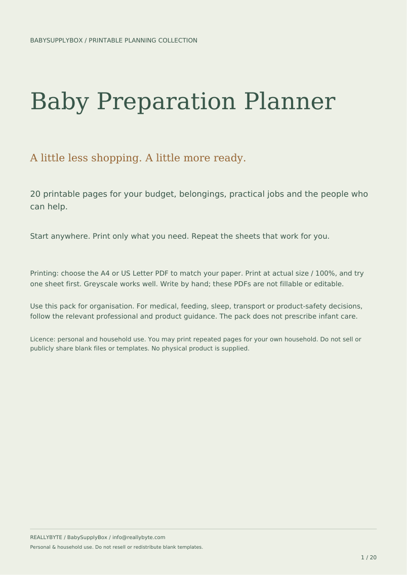 Actual first page of Baby Preparation Planner